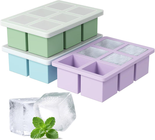 Large Silicone Ice Cube Tray 3Pack, SAWNZC Big Square Ice Cube Molds for Whisky Cocktail, Ice Maker Tray with Lid for Freezer, Easy Release (3, Blue+Green+Purple)