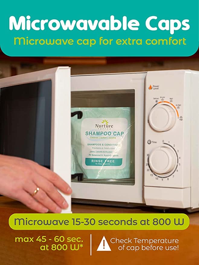 No Water Rinse Free Shampoo Cap by Nurture | Microwavable Washing & Conditioning Shower Caps to Wash Hair w/o Bath | Waterless Bathing | Disposable & Hypoallergenic for Adults, Bedridden & Elderly