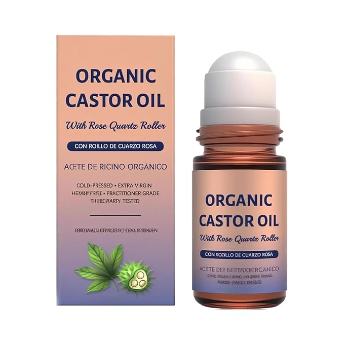 Organic Castor Oil with Rose Quartz Roller, Cold-Pressed Pure Organic Castor Oil Roller Ball for Hair Growth, Eyelashes, Eyebrows & Skin 1pcs