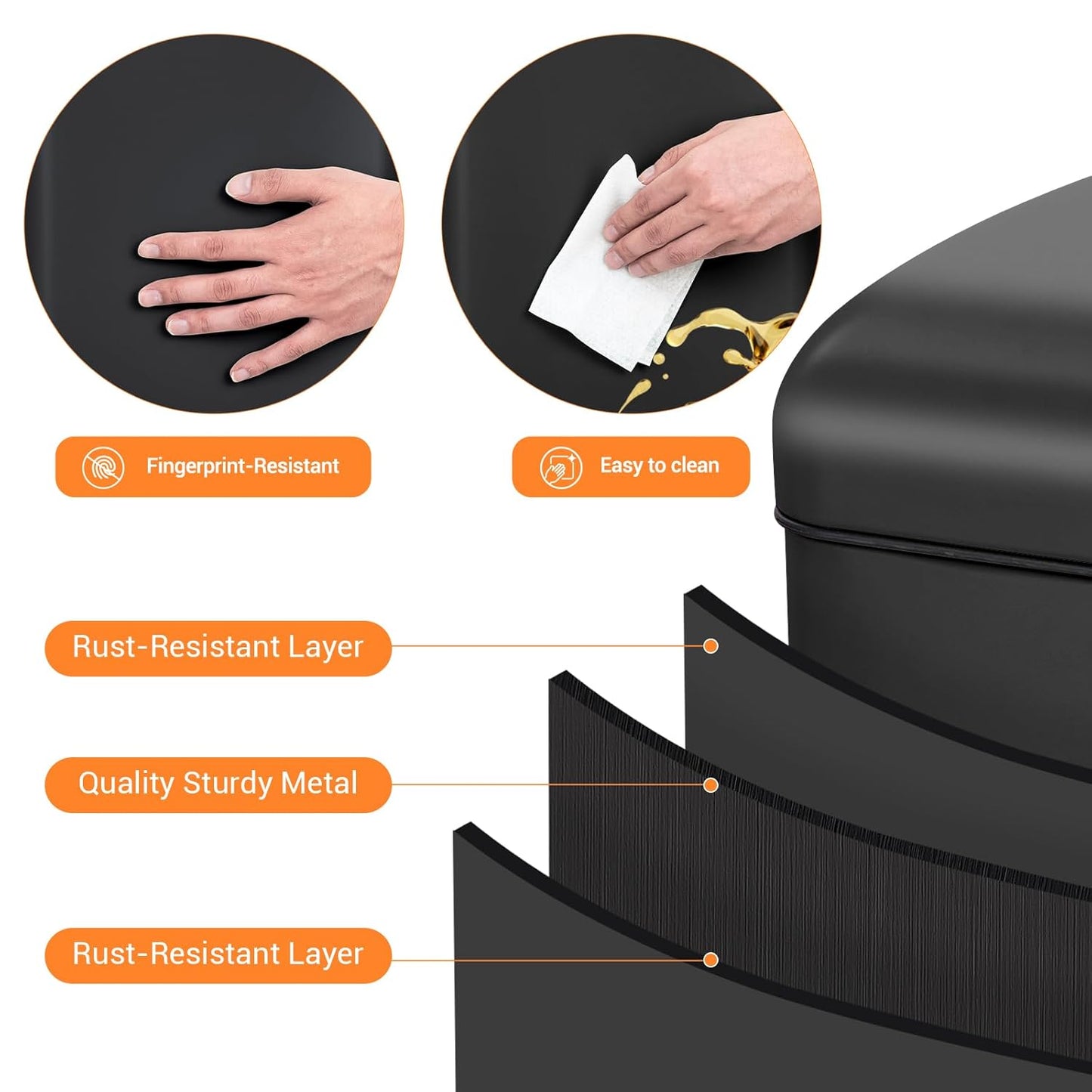 8 Gal/30L Slim Trash Can, Rectangular Step-On Stainless Steel Garbage Can, Soft-Close Lid, Anti-Fingerprint Surface, Recycling Bin with Removable Inner Basket, for Kitchen Dining Room, Black