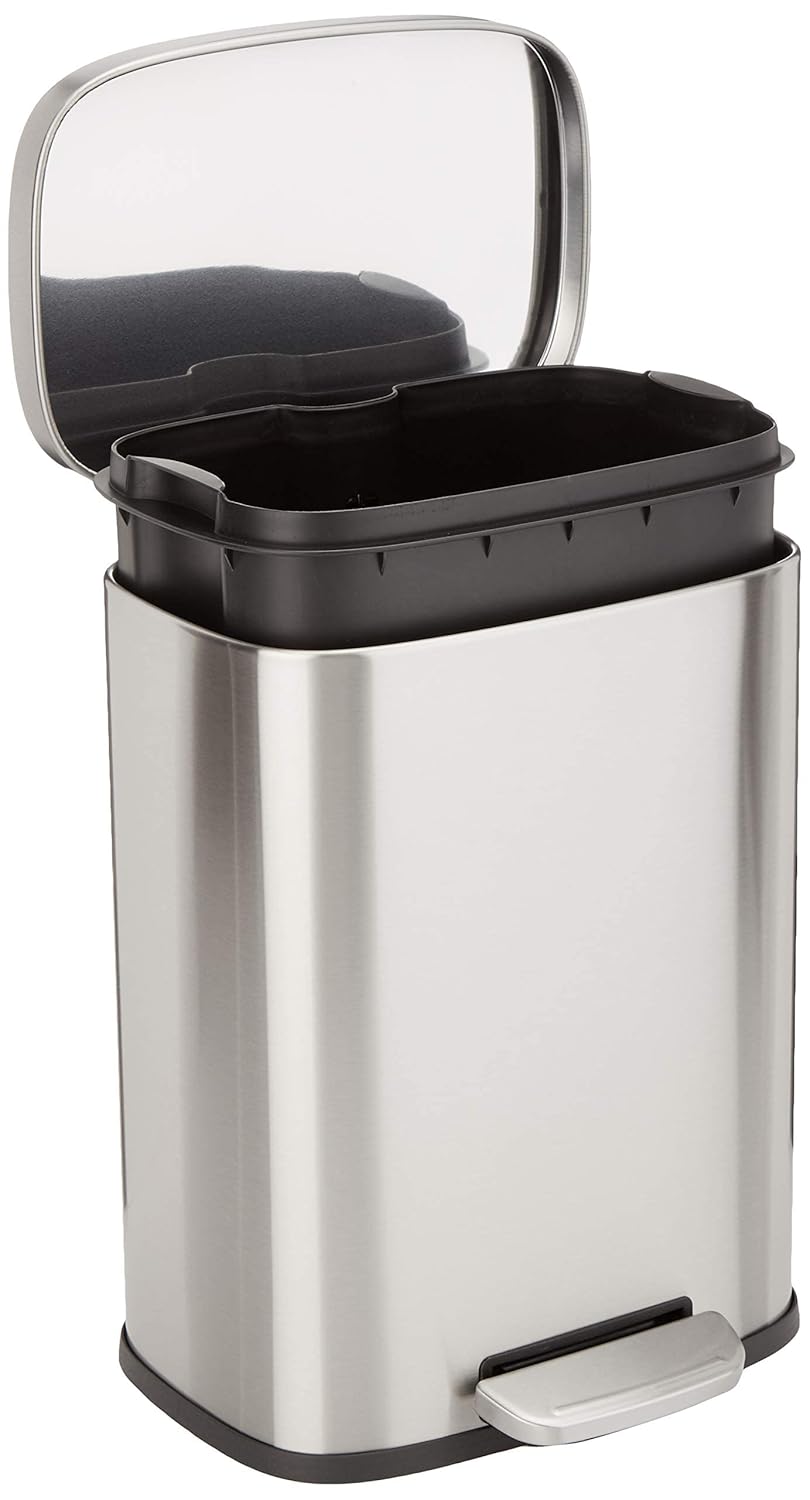 Amazon Basics Smudge Resistant Small Rectangular Trash Can With Soft-Close Foot Pedal, Brushed Stainless Steel, 12 Liter/3.1 Gallon, Satin Nickel Finish, 11.3"L x 9.9"W x 15.1"H