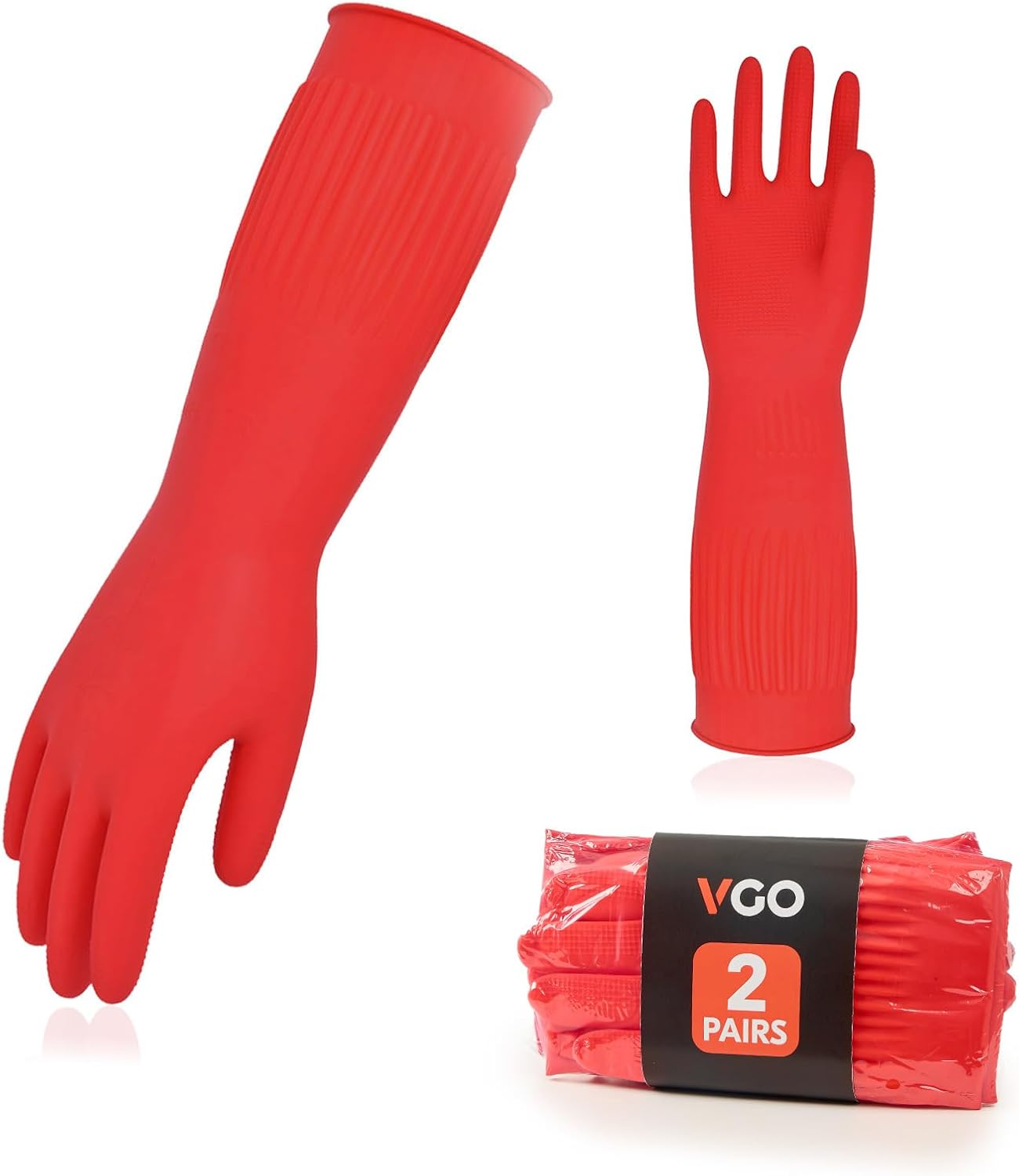 Vgo 2-Pairs Dishwashing Gloves - Reusable Household Kitchen Gloves, Long Sleeve, Thick Latex, Cleaning, Washing, Working, Painting, Gardening, Pet Care (Size M, Red, RB2143)
