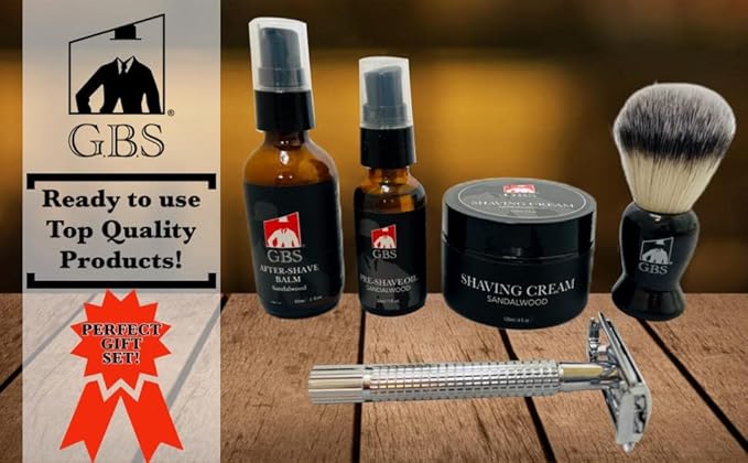 G.B.S Shaving Kit for Men with Safety Razor, Sandalwood Shaving Cream, Men’s aftershave, Pre-Shave Oil, Shaving Brush