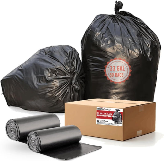 33 Gallon Trash Bags, 50 Count, Black Garbage bags, Multi-purpose Trash Can Bin Liners for Home Commercial, Outdoor, Construction, Industrial, Janitorial, Municipal, Lawn, Leaf
