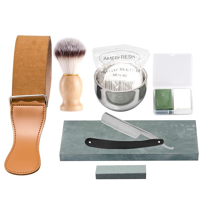 DanNuo Safety Straight Razor Shaving Set for Men with Shaving Brush Browl Barber Razor Strop Sharpening Stone Shaving Soap Polishing Compound Gift Set