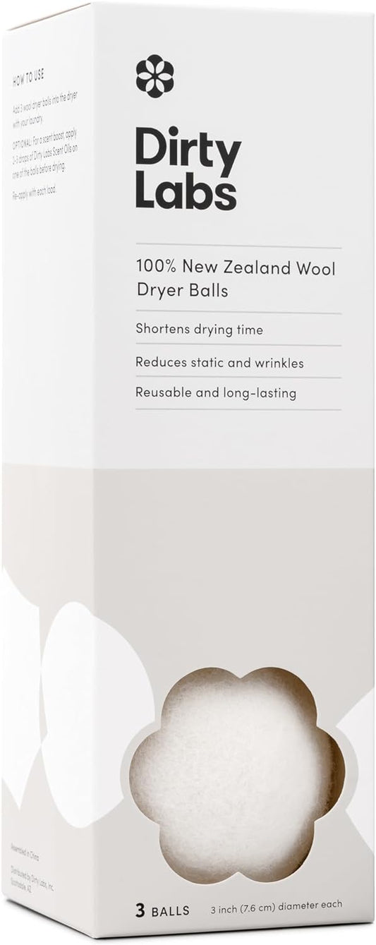 Dirty Labs | 100% New Zealand Wool Dryer Balls | 3 Balls | Shorten Drying Time | Reduce Static & Wrinkles | Dryer Sheet & Fabric Softener Alternative