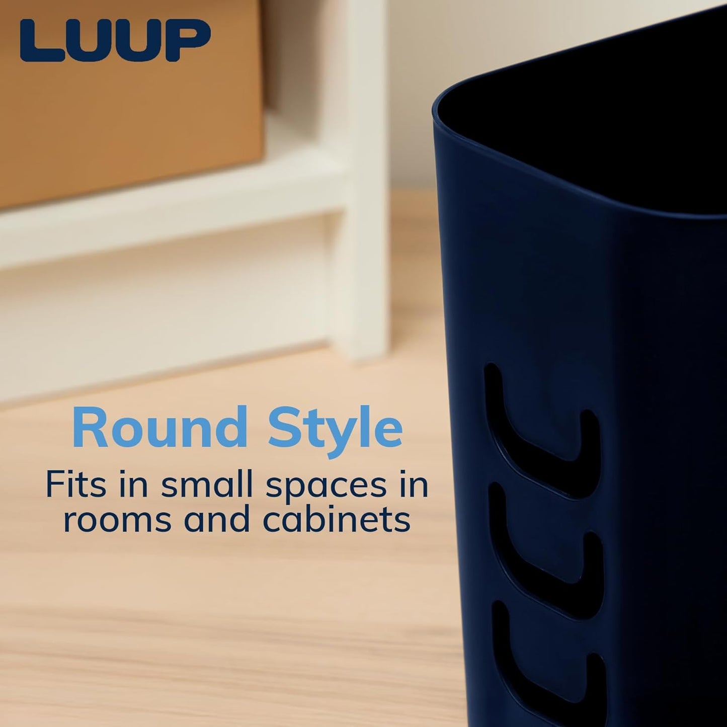 STORi Luup Bathroom Wastebasket, Secure Grocery Bags, Plastic Garbage Container for Vanity, Laundry Room, Kitchen, Office, 2.5 Gallon, Navy, Made in USA