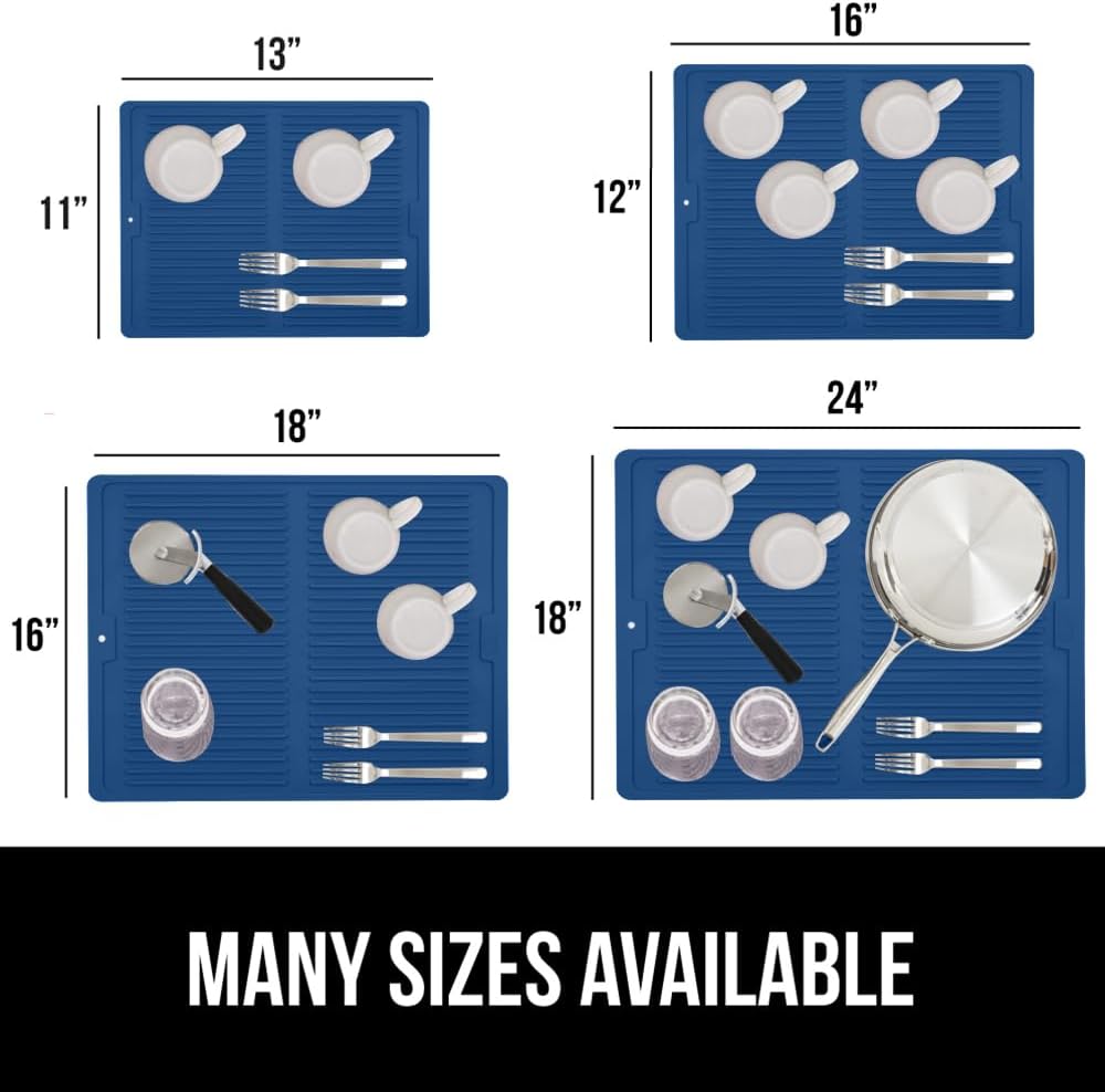 GORILLA GRIP 100% BPA-Free Patented Silicone Dish Drying Mat for Kitchen Counter, 18x24 Inch, Water Catching Ribbed Design, Easy Clean Waterproof Sink Liner, Heat Resistant, Fits Under Rack, Blue