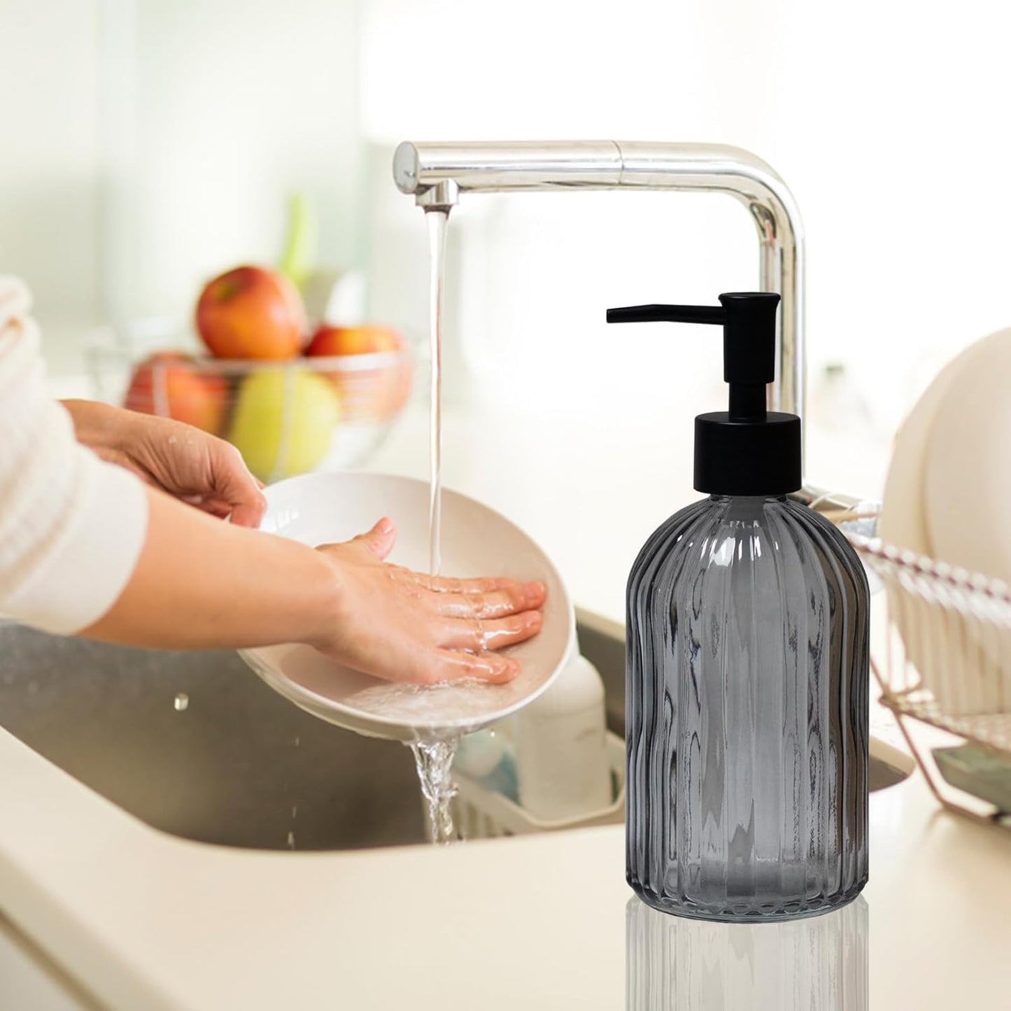 Grey Glass Soap Dispenser with Black Plastic Pump, 13.5oz Refillable Liquid Hand Soap Dispenser, Lotion Dish Soap Dispenser for Modern Home Decor, Bathroom, Kitchen Countertop, Hotel