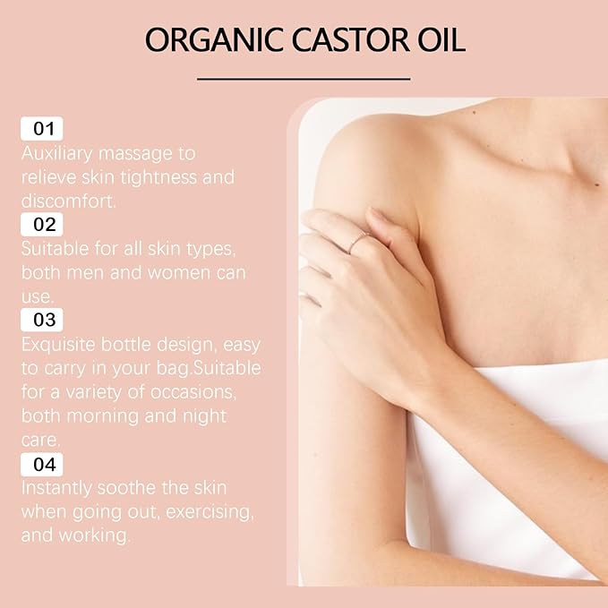 Organic Castor Oil with Rose Quartz Roller, Cold-Pressed, 100% Pure Natural Formula for Skin, Hair Care, Hexane-Free.1.7 Fl Oz