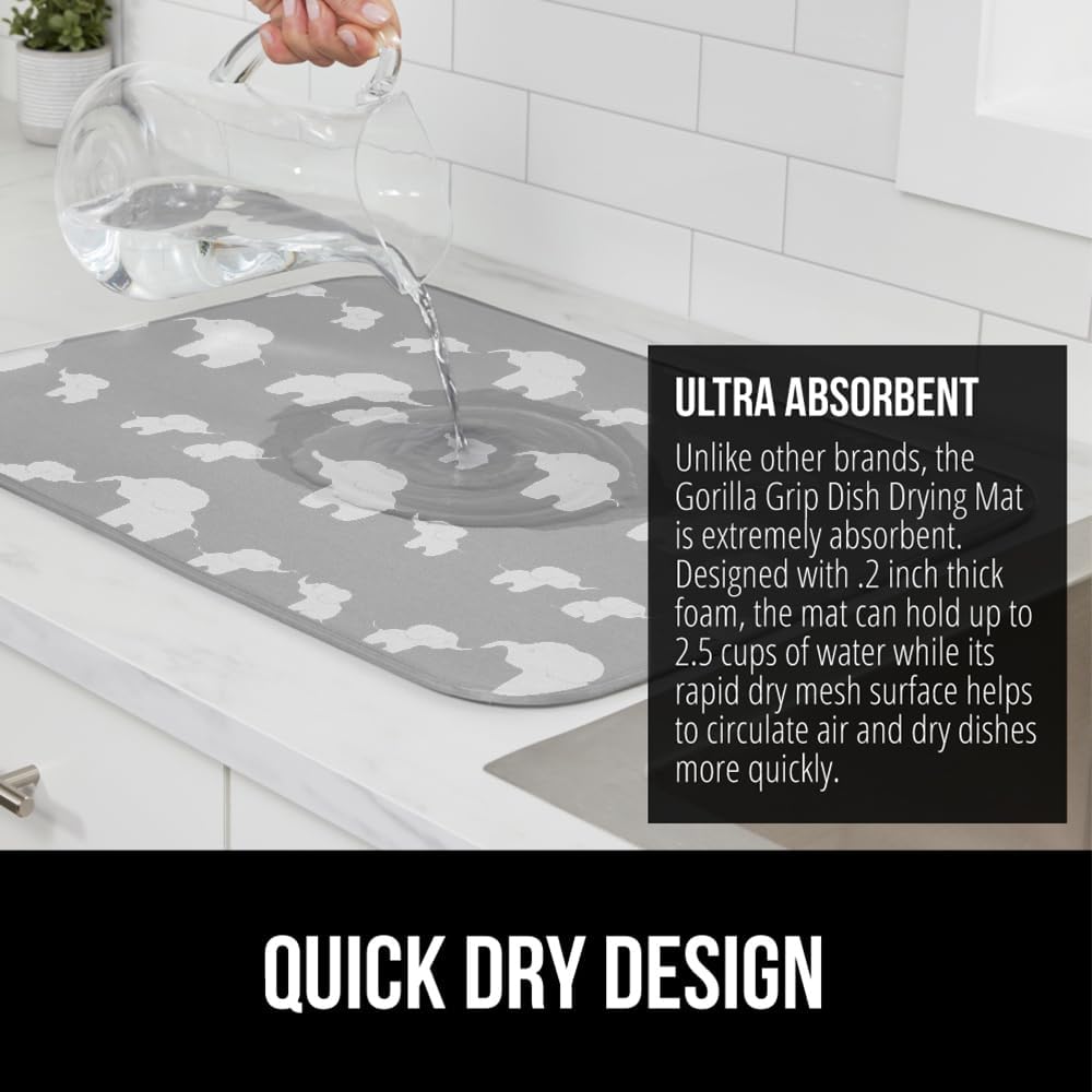 GORILLA GRIP Ultra Water Absorbent Microfiber Dish Drying Mat, 18x32, Quick Dry Thick Mesh, Slip Resistant Pad for Sink Dishes or Under Rack, Kitchen Counter Accessories, Machine Wash Mats, Elephants