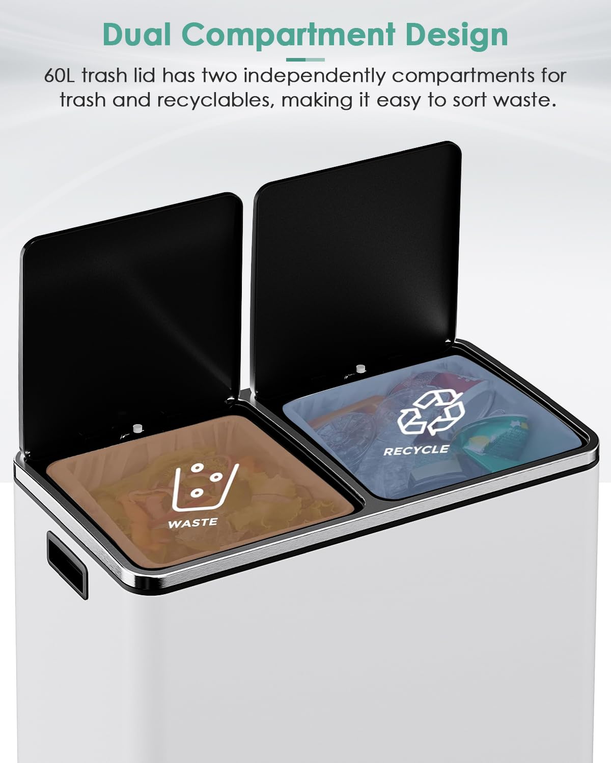 AthLike 60L(16 Gal) Dual Trash Can, Stainless Steel Kitchen Garbage Can, Double Compartment Classified Rubbish Bin, Recycle Dustbin w/Plastic Inner Buckets, Soft-Close Lid, Airtight, White