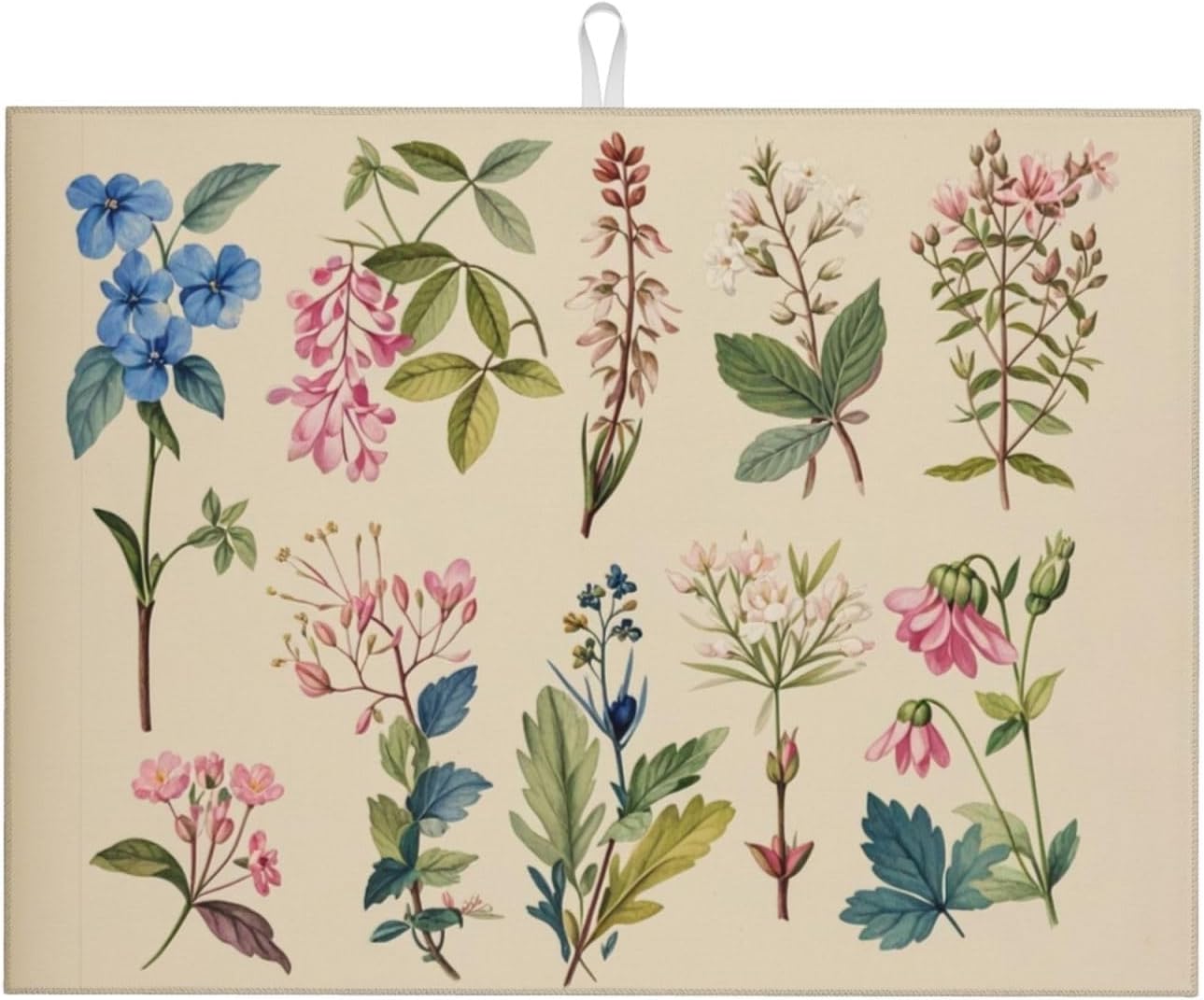 Vintage Plants Herbs Floral Dish Drying Mat Highly Absorbent Double-Sided Microfiber with Hanging Loop Reversible Drain Dish Rack Mat Drain Mat Suitable for Kitchen Countertop Coffee Bar 18 x 24 Inch