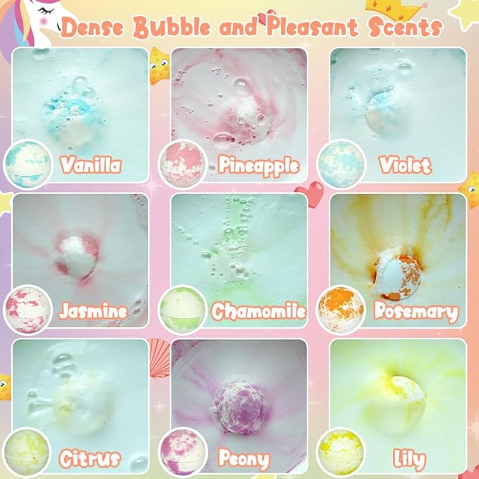 KAV Girls Bath Bombs Set of 9 — Surprise Bracelet Bath Bombs for Kids & Tweens, Fizzy Colorful Bath Fizzies with Collectible Bracelet Inside, Kid-Safe Scents & Moisturizing Oils — Party Favors & Gifts