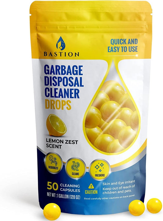 Bastion Garbage Disposal Cleaner and Deodorizer Drops- [[50-Count]] Lemon Zest Scented Kitchen Sink Freshener Pods & Drain Odor Eliminator Disposer Care Balls