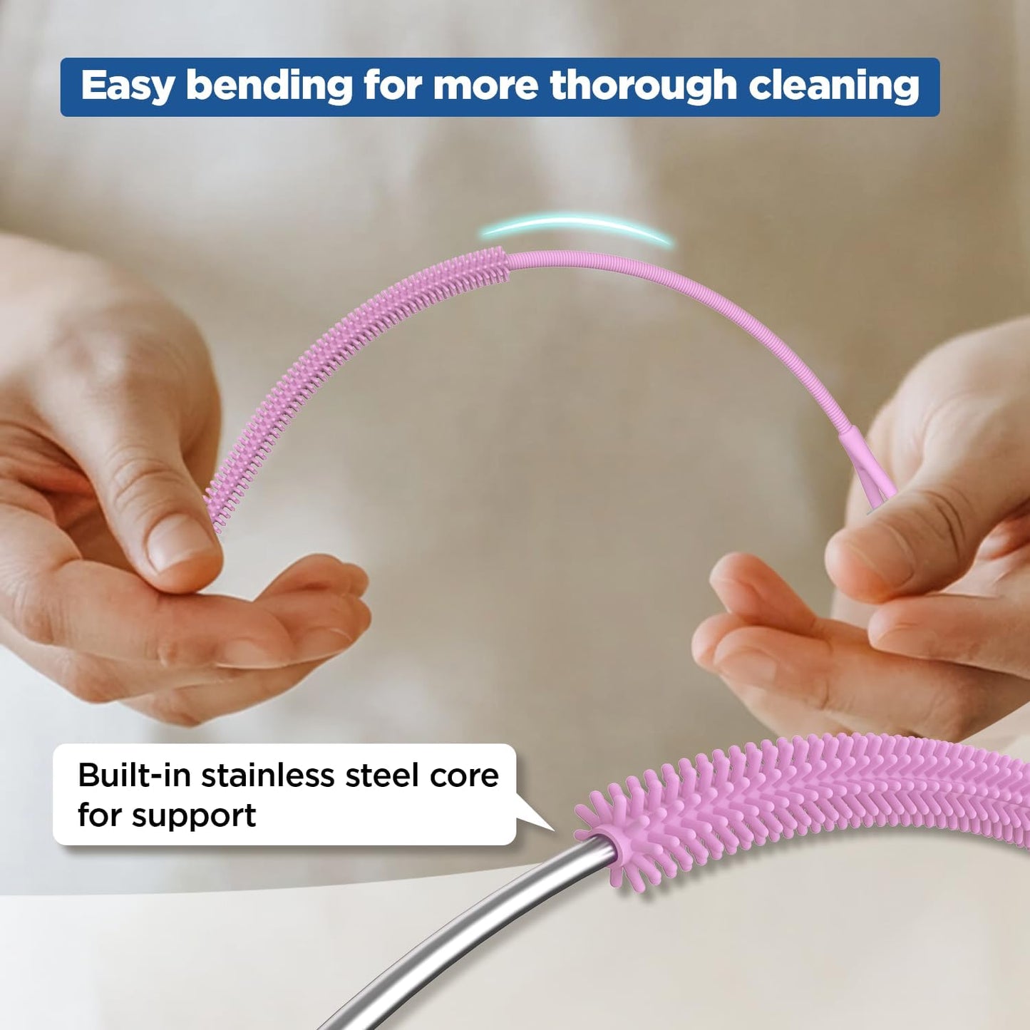 YOTIME Silicone Straw Cleaner Brush, 2Pcs Reusable Straw Brush Extra Long for Cleaning Tumbler with Handle and Glass Metal Smoothie Straws, Non-slip Handle Soft and Bendable, 6mm+9mm, Pink