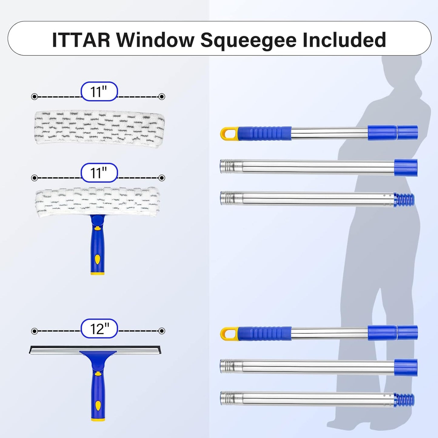 ITTAR Window Squeegee with 2 Sets Stainless Steel Pole, Squeegee Cleaning Tools with Microfiber Pads, 60"-72" Telescopic Window Washing Kit, Professional Squeegee Cleaner for Home Car Outside Glass