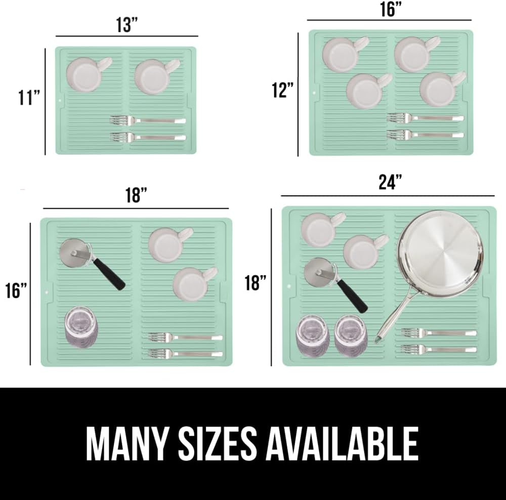 GORILLA GRIP 100% BPA-Free Patented Silicone Dish Drying Mat for Kitchen Counter, Water Catching Ribbed Design, Easy Clean Waterproof Sink Liner, Heat Resistant, Fits Under Rack, 13x11 Inch, Mint