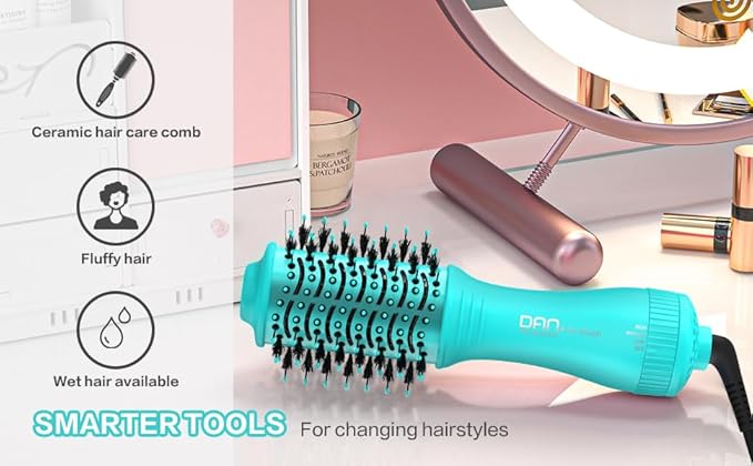 Dan Technology Blow Dryer Brush Hair Dryer Brush Hot Air Blowout Brush 120V 3 Speeds Oval Shape Volumizer Straightener Brush Faster Drying Mini Size Lightweight (Cyan)