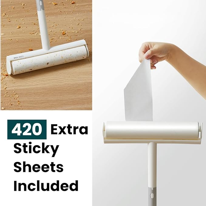 Large Lint Roller with Extra Sticky Roller and 420 Sheets 9.5" Wide, Floor Lint Roller Long Handle, Extendable to 41", Carpet, Couch, Pet Hair, Clothing Cleaning Supplies (Navy Roller + 7 Refills)