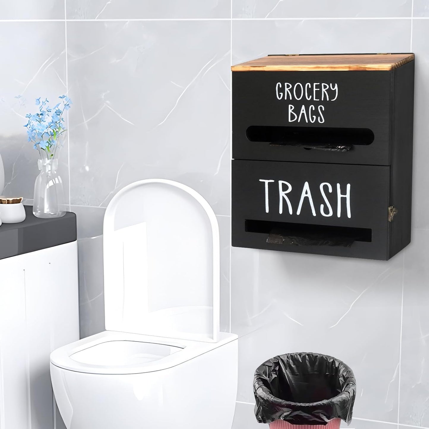 2 in 1 Trash Bag Dispenser, Double Wall Mounted,Wood Trash Bag Holder, Used in Kitchen, Garage, Laundry Room, can Store Environmentally Friendly Food Bags and Garbage Bags (Black)