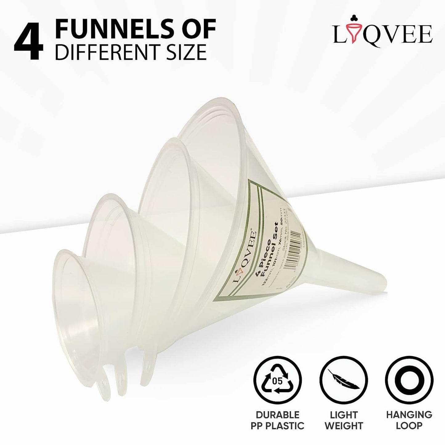 Funnel Set (4 Sizes: 122, 101, 76, 50mm) - Durable, Non-Toxic, Food-Grade Plastic funnels for Filling Bottles and containers. Ideal for Kitchen, Garage, or Labs. Perfect for Precise Pouring.