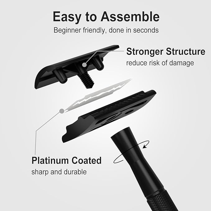 Safety Razor with Stand - Single Blade Razors for Men and Women - Reusable Metal Razor, with 10 Double Edge Blades, Smooth Close Shave, Plastic Free, Matte Black