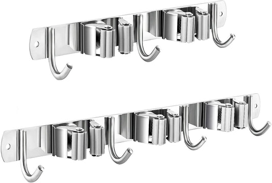 2 Pcs Mop Broom Holder Wall Mounted, Dustpan Holders, Stainless Steel Mop Hangers Organizer, Broom Rack, Utility Hook for Hanging Brooms and Mops(3 Racks 4 Hooks and 2 Racks 3 Hooks)