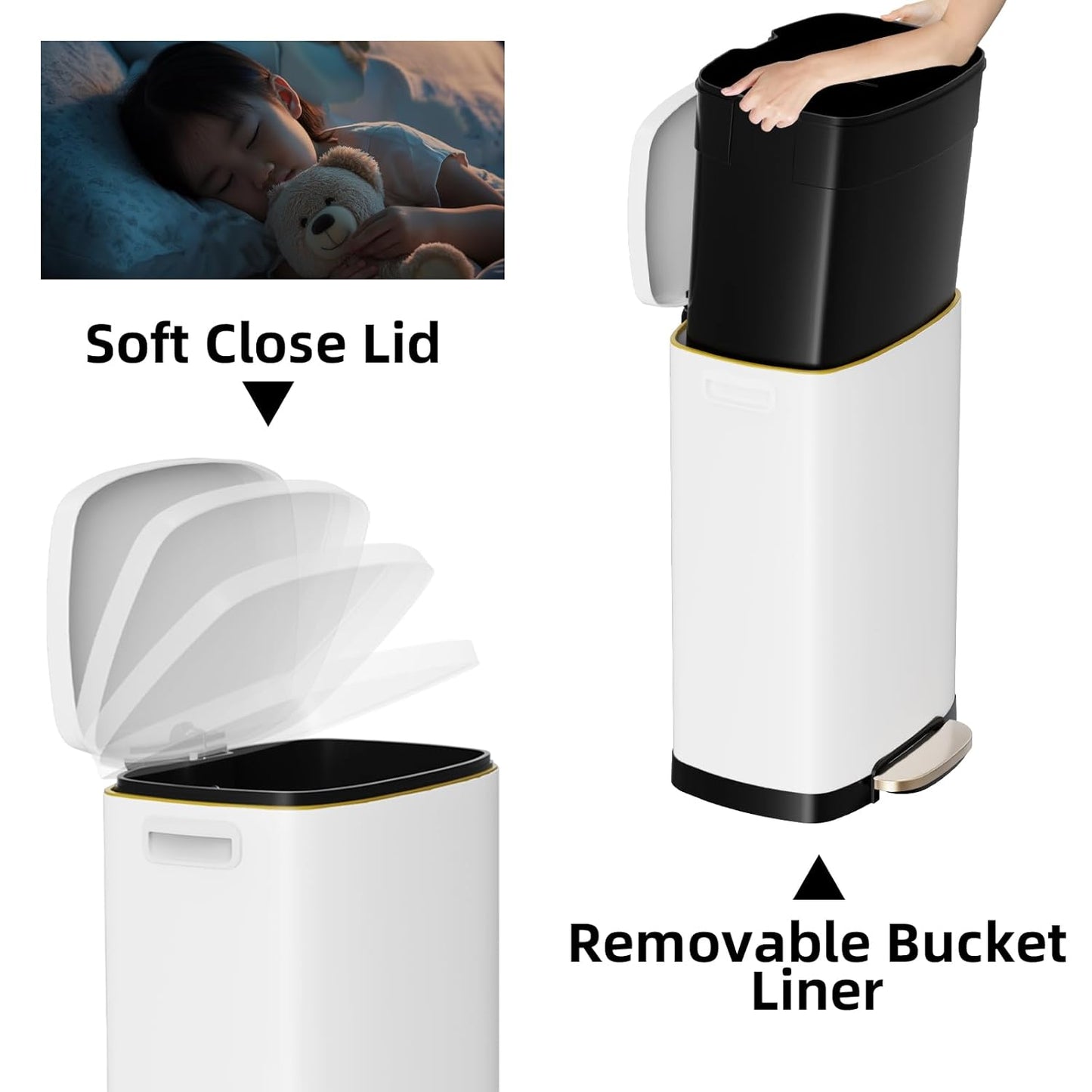 13 Gallon Trash Can with Lid, 50L Fingerprint Proof Stainless Steel Kitchen Trash Can with Removable Inner Bucket and Lid Soft Close, Pedal Rubbish Bin for Home Office, White