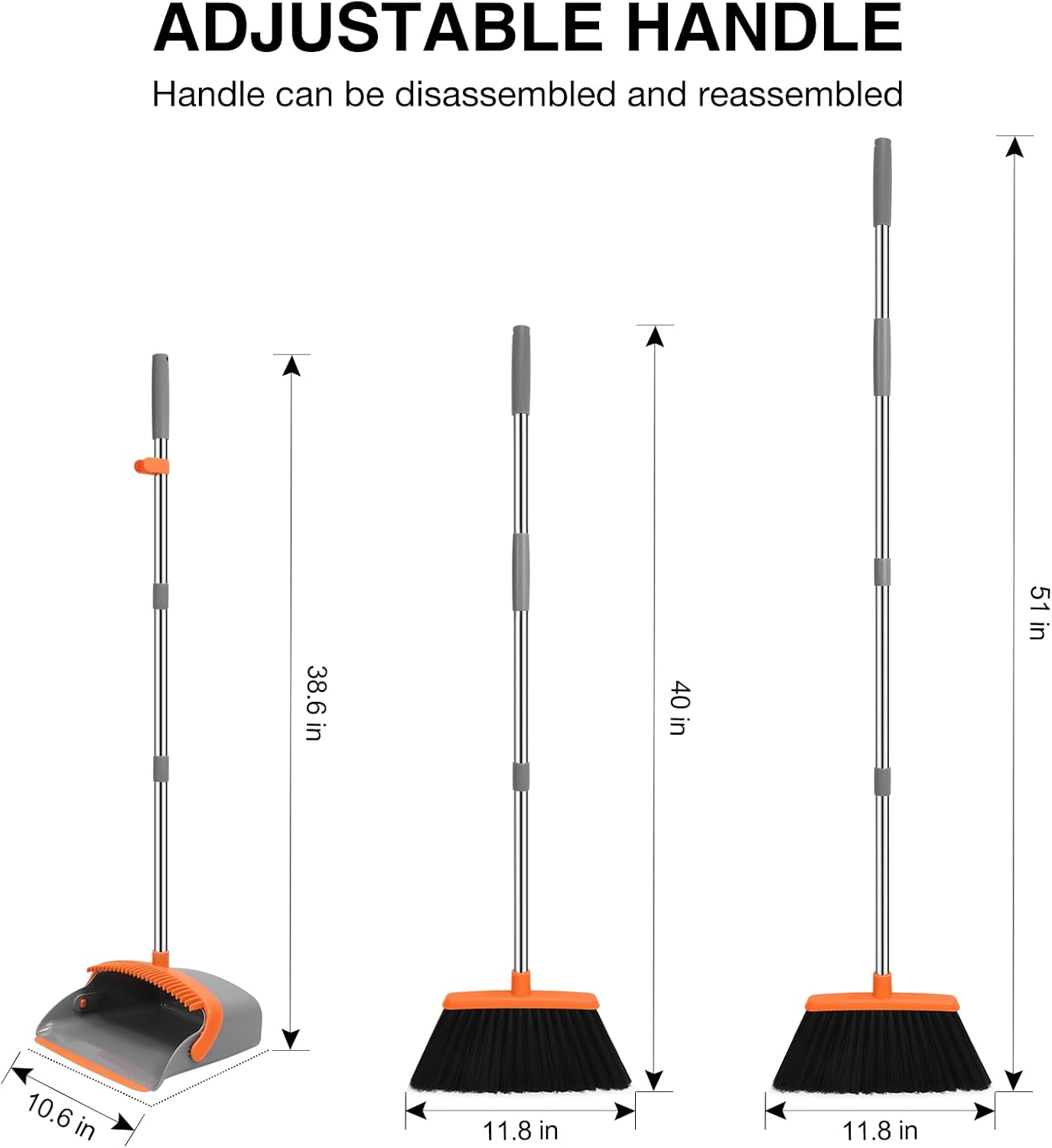 NACENA Broom and Dustpan Set, 52-in Long Adjustable Handle Broom Dustpan Combo with Dustpan Teeth to Automatically Clean Hair Suitable for Home Kitchen Office Hall Floor (Grey&Orange), 2 Pack