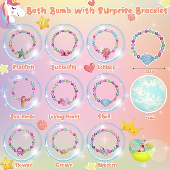 KAV Girls Bath Bombs Set of 9 — Surprise Bracelet Bath Bombs for Kids & Tweens, Fizzy Colorful Bath Fizzies with Collectible Bracelet Inside, Kid-Safe Scents & Moisturizing Oils — Party Favors & Gifts