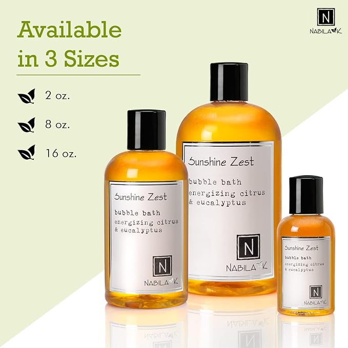 Sunshine Zest Bubble Bath with Citrus & Eucalyptus Scent by Nabila K - Essential Oils with Natural Ingredients for Sensitive Skin, Tear-Free, Gentle, Moisturizing - Luxury for Women & Men, 16 oz