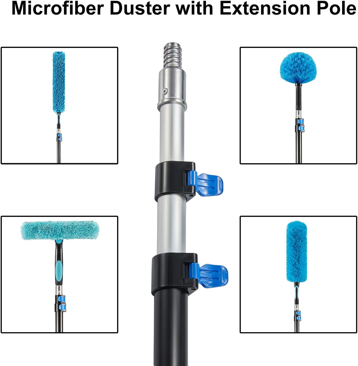 20 Foot High Ceiling Fan Duster with 5-12 Foot Extension Pole, Extendable Reusable Cobweb, Feather, Window Cleaning Squeegee Kit Blue