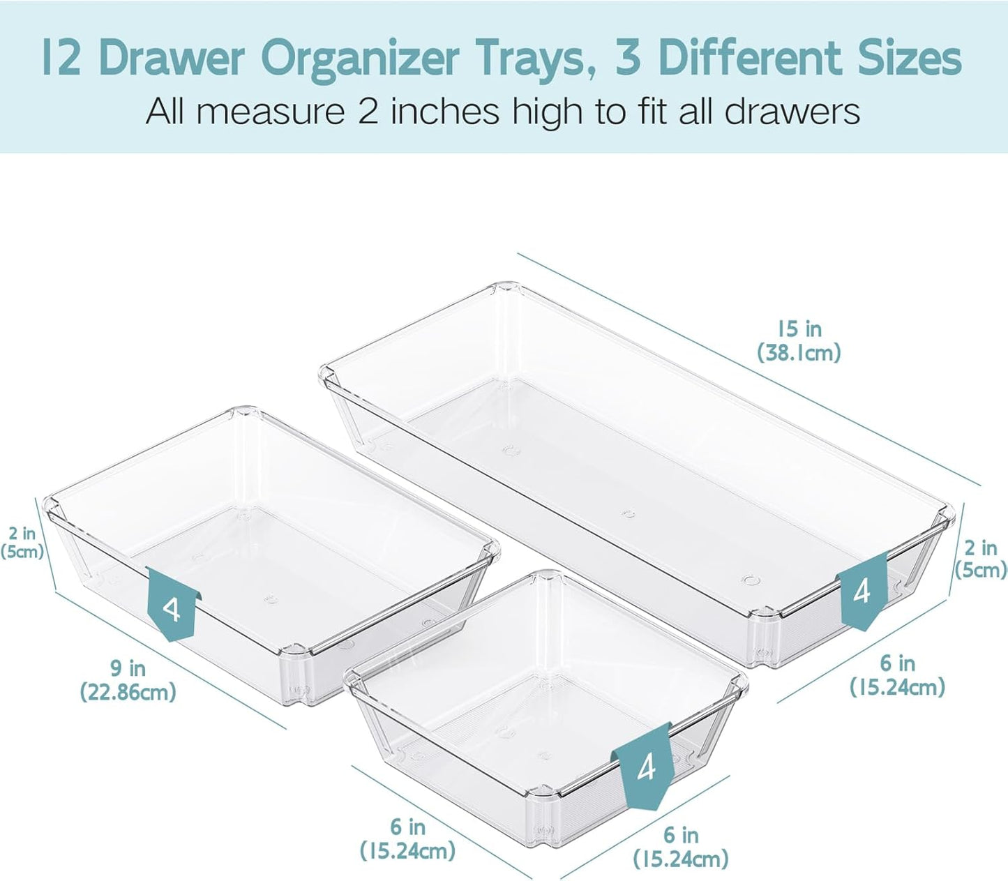 12 Pack Large Clear Plastic Drawer Organizer Trays, Desk Drawer Organizers and Storage Dividers, Non-Slip Storage Bins for Jewelry, Snacks, Office, Bathroom, Bedroom and Kitchen