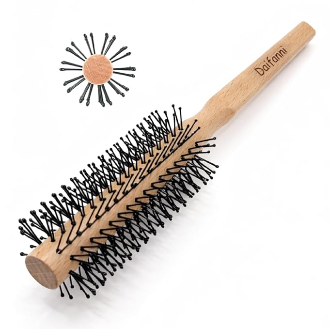 Round Curling Brush for Blow Drying, Wooden Handle Roller Brush with Soft Nylon Bristles, Curling Hair Brush for Wet Hair, Bangs, Beard, Styling
