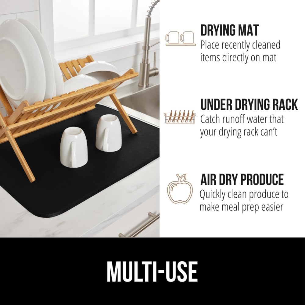 GORILLA GRIP Ultra Water Absorbent Microfiber Dish Drying Mat, Quick Dry Thick Mesh, Slip Resistant Pad for Sink Dishes or Under Rack, Kitchen Counter Accessories, 16x18, Machine Wash, 2 Pack Black