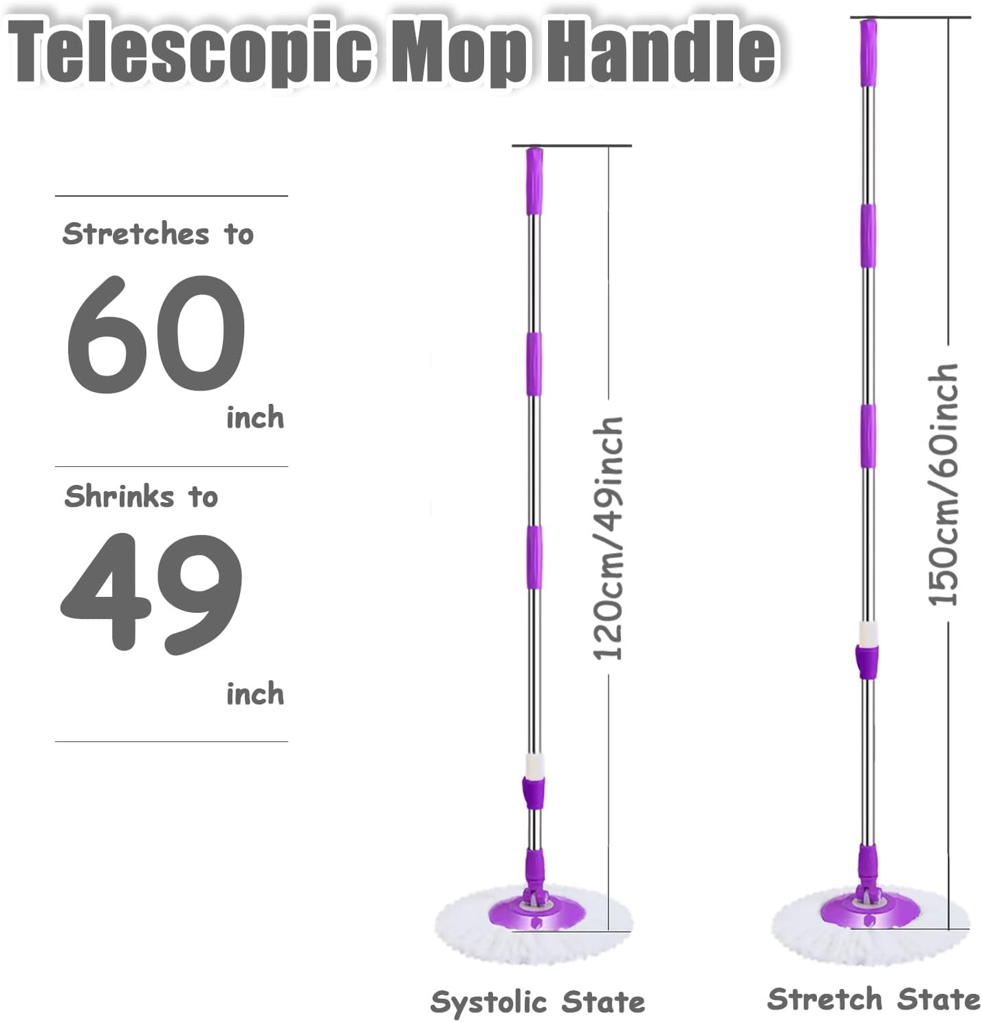 Extended Spin Mop Replacement Mop Handle, Upgraded 60-inch 360 Degrees Rotating Telescopic Replacement Mop Stick for Spin Mop Bucket Cleaning System Floor Cleaning (Plastic Disc, Purple)