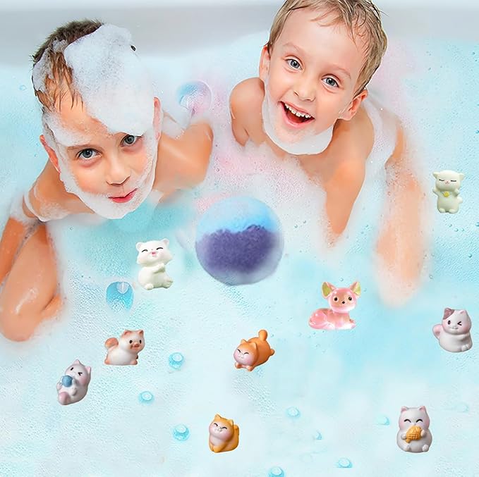 Kids Bath Bombs with Surprise Inside, 20 Pack Bring Dog and cat Toys Gift Set, Natural Organic Bubble Bath Foam Bath