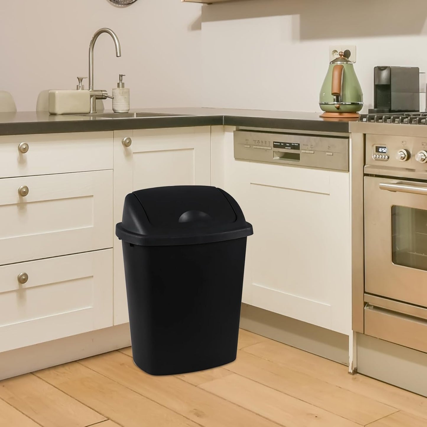 Teyyvn 6 Gallon Plastic Flip Lid Trash Can for Kitchen, Black Plastic Garbage Bin with Swing Lid, Pack of 4