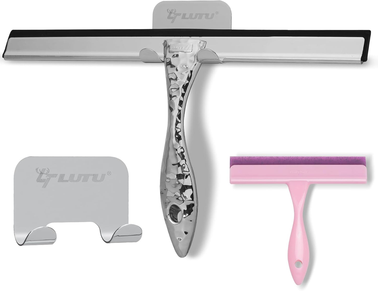 2-Pack Shower Squeegee for Glass Doors, 10 inch Silver Stainless Steel & 5 inch Pink Mini with 2 Hooks, Non-Slip Hammered Handle, Silicone Wiper for Shower, Bathroom, Tile and Mirror