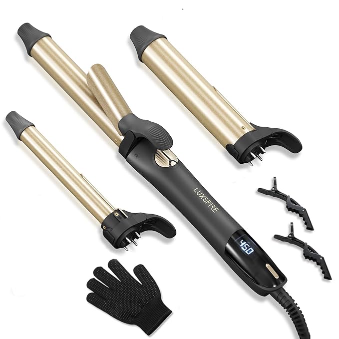 Rotating Curling Iron, 3 in 1 Automatic Curling Iron Set with Interchangeable Barrel 3/4, 1, 1 1/4 Inch, Instant Heat Dual Voltage Curling Wand for Lasting Beach Waves, Gold