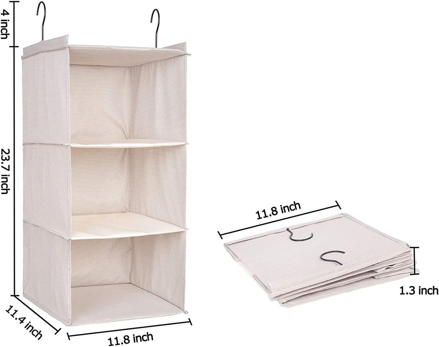 Hanging Closet Organizer, Easy Mount Foldable 3-Shelf Hanging Closet Wardrobe Storage Shelves, Clothes Handbag Shoes Accessories Storage, Imitation Linen Fabric, Beige Houndstooth