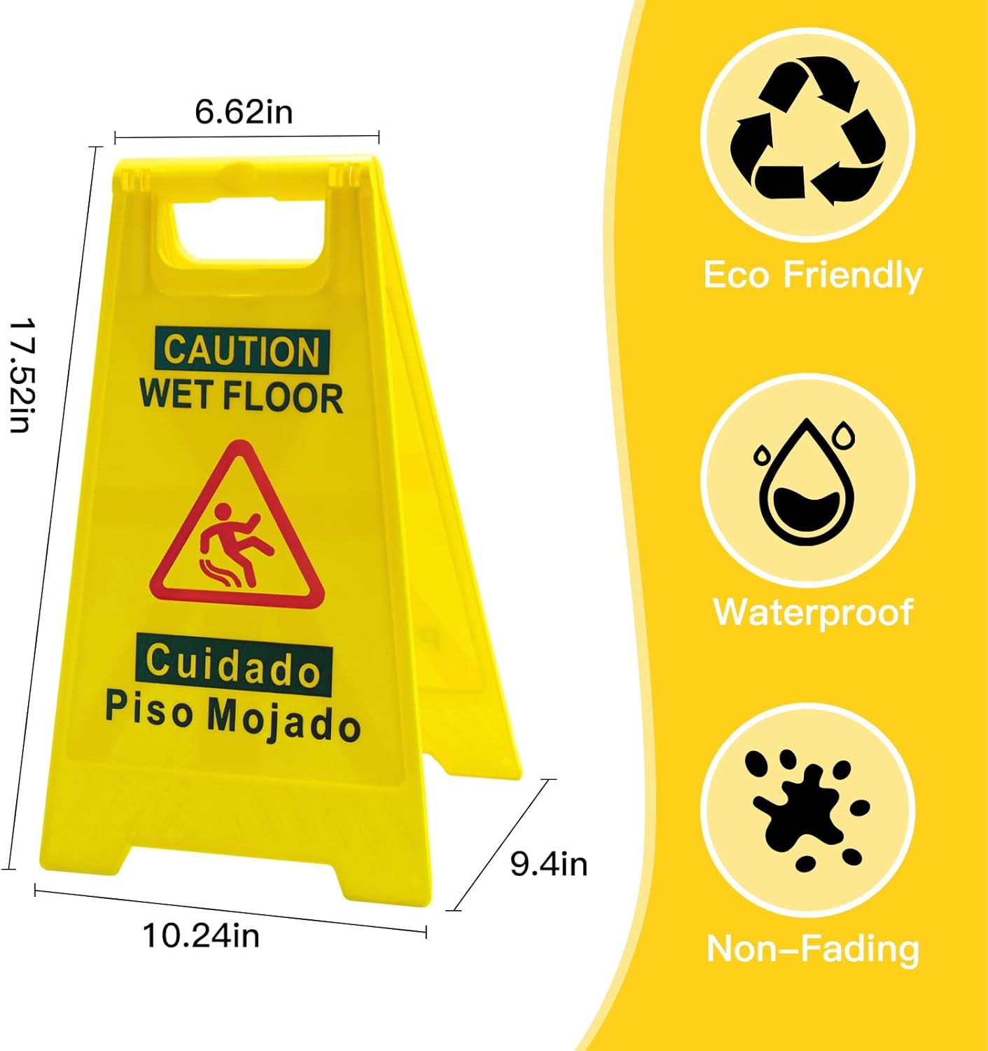 2-Pack Caution Wet Floor Sign, 17.5" Height, Bright Yellow, Double-Sided Folding A-Frame Design - Commercial Safety Sign with Bilingual Message