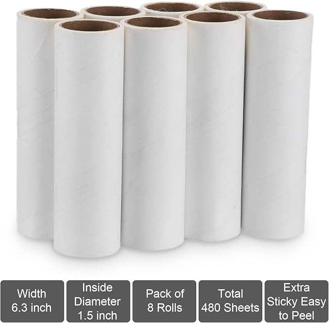 6.3 Inch Wide Lint Roller Refills, Value Pack 8 Rolls Extra Sticky, Pet Hair Sticky Roller Refills for Floor, Couch, Carpet, Bed, Clothes (Pack of 8, Total 480 Sheets)