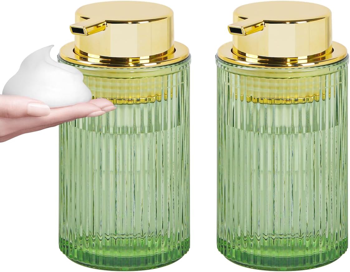 Green Foaming Soap Dispenser, 12 Oz Glass Foaming Hand Soap Dispenser with Gold Pump, Bathroom Refillable Liquid Lotion Container Pump Ribbed Bottle for Kitchen Bathroom Decor, 2pc