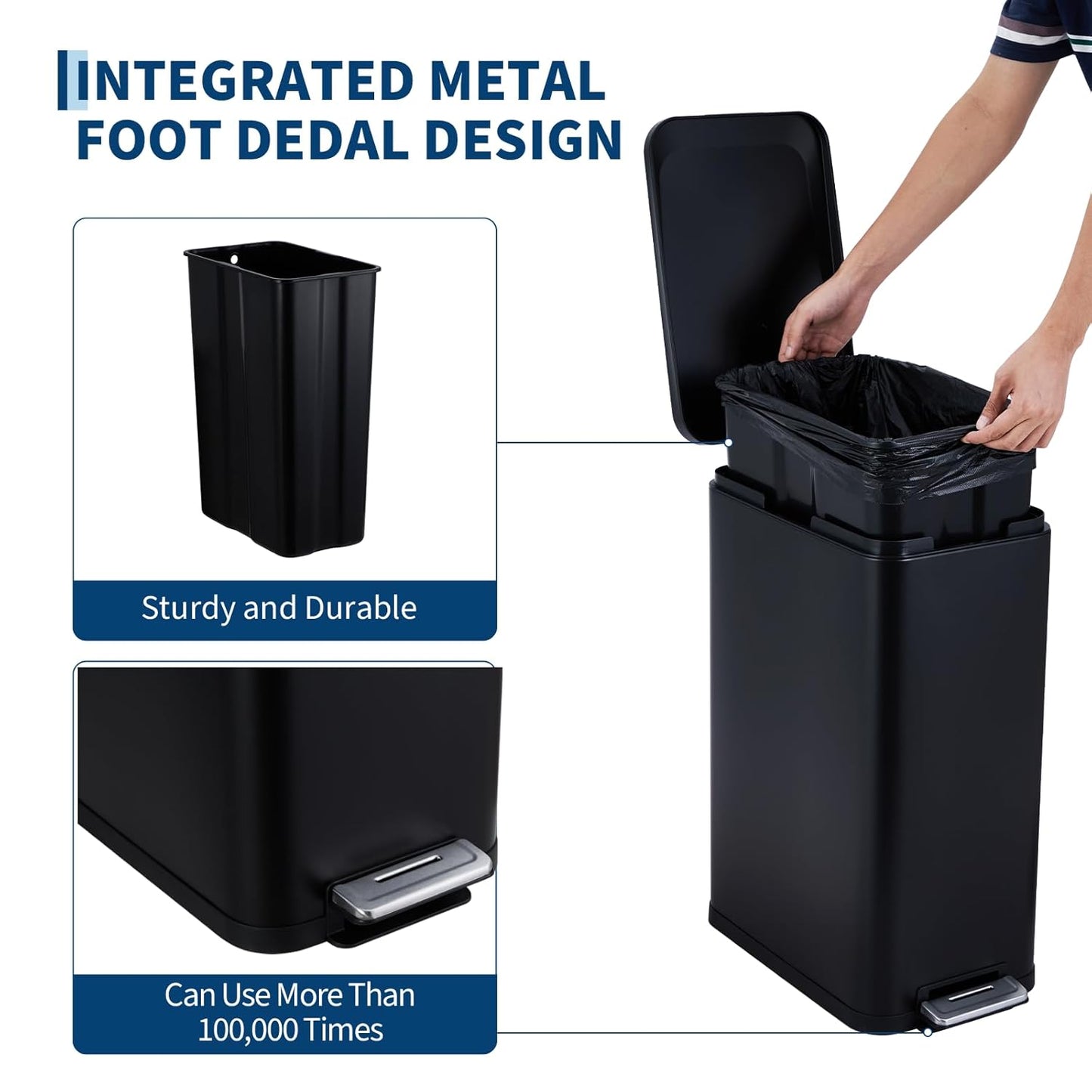 Garvee 13 Gallon Kitchen Trash Can, Stainless Steel Step Garbage Bin with Soft-Close Lid & Removable Bucket, Fingerprint Proof, Slim for Narrow Spaces, Bathroom or Office (Black+Silver, 13 Gallon)