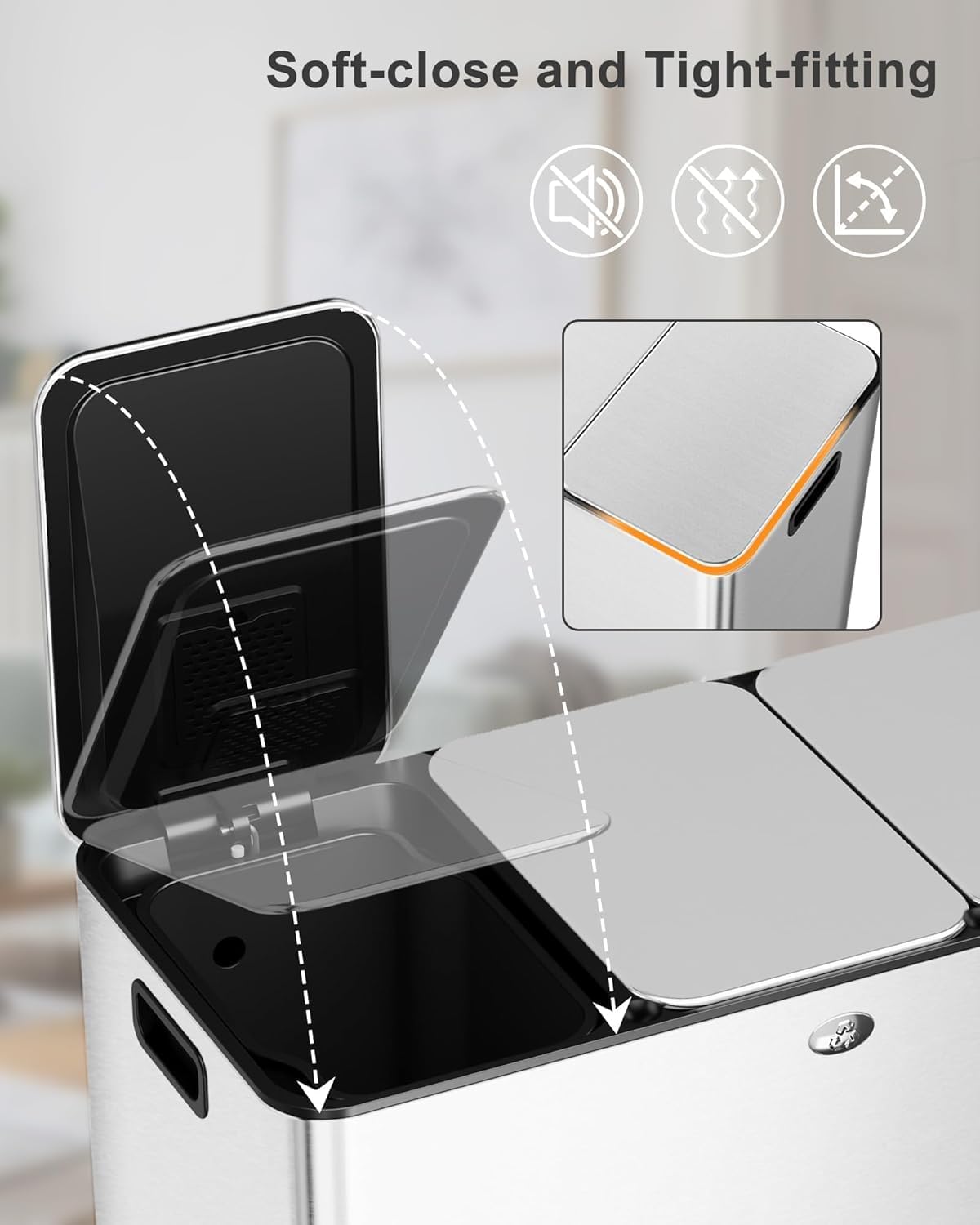 GarveeHome Trash Can 60L/15.9 Gal, Three Compartments Pedal Kitchen Recycling Trash Bin with Lids,Stainless Steel Garbage Can for Home Office Restaurant School Hospital