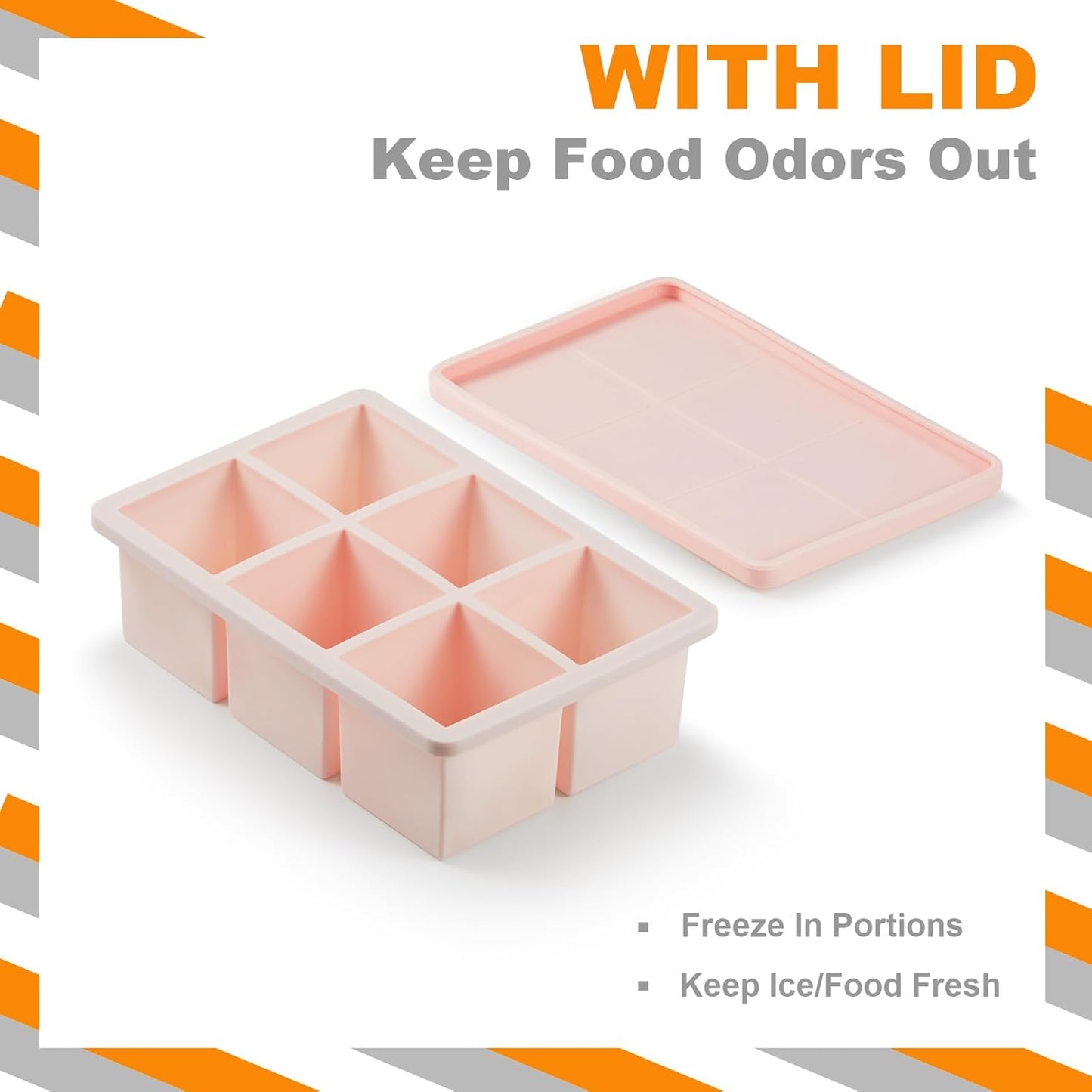 Nax Caki Pink Large Ice Cube Tray with Lid Pack of 2, Stackable Big Silicone Square Ice Cube Mold for Whiskey Cocktails Bourbon Soups Frozen Treats, BPA Free