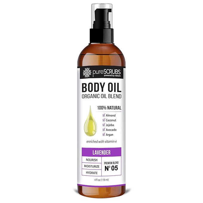 pureSCRUBS Ultra Moisturizing Lavender Body Oil Spray for Dry Skin, Massage, Cuticles & More, Organic Blend of Jojoba, Argan, Coconut, Sweet Almond & Avocado Oils Enriched with Vitamin E, Lg 4oz