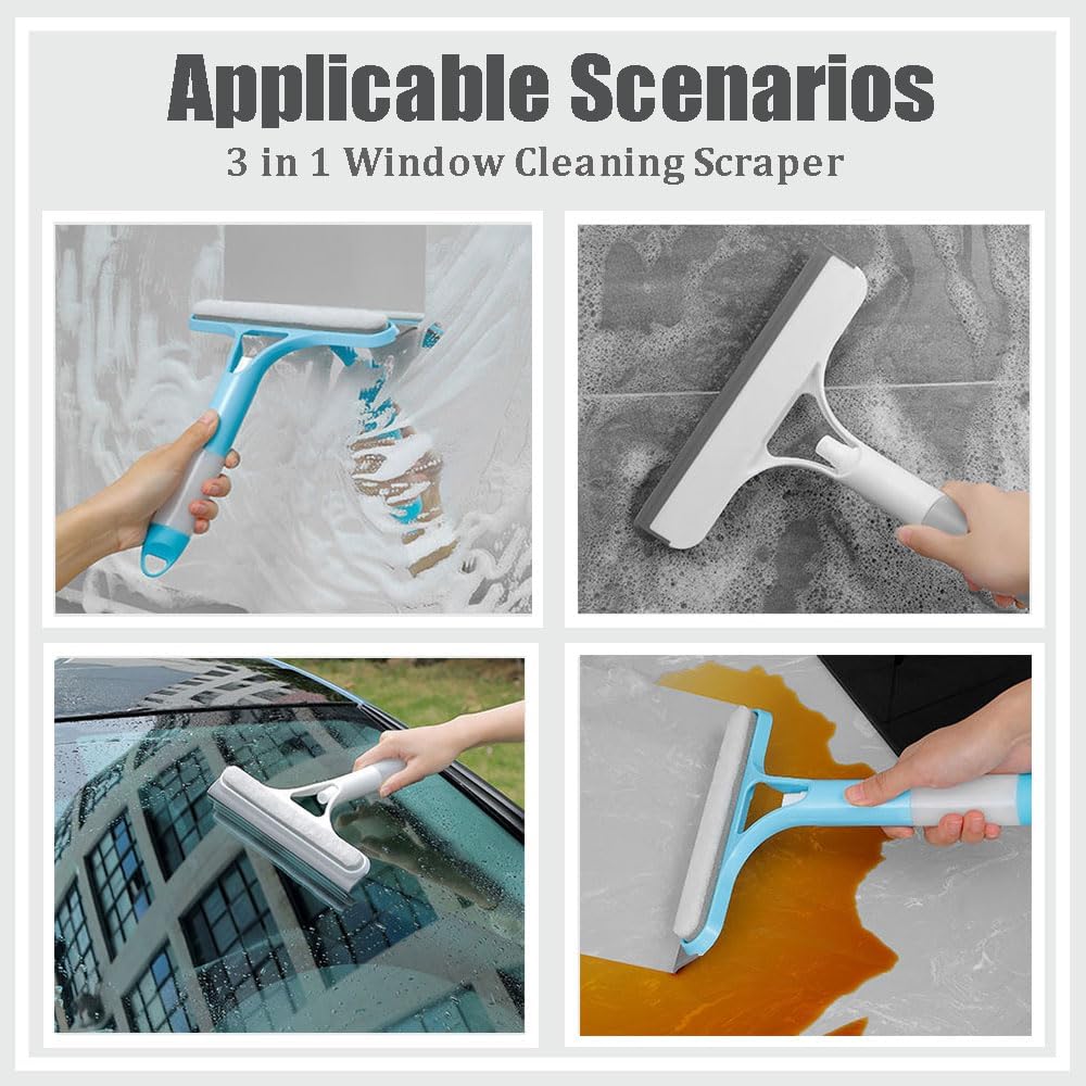 3 in 1 Window Cleaning Scraper, 3 in 1 Window Cleaner Squeegee, Scraper for Cleaning Windows, All-Purpose Window Squeegee with Sprayer for Glass, Wall, Kitchen, Car (White+Blue)